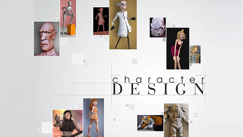 Example of asymmetrical balance in a title page for "Character design"