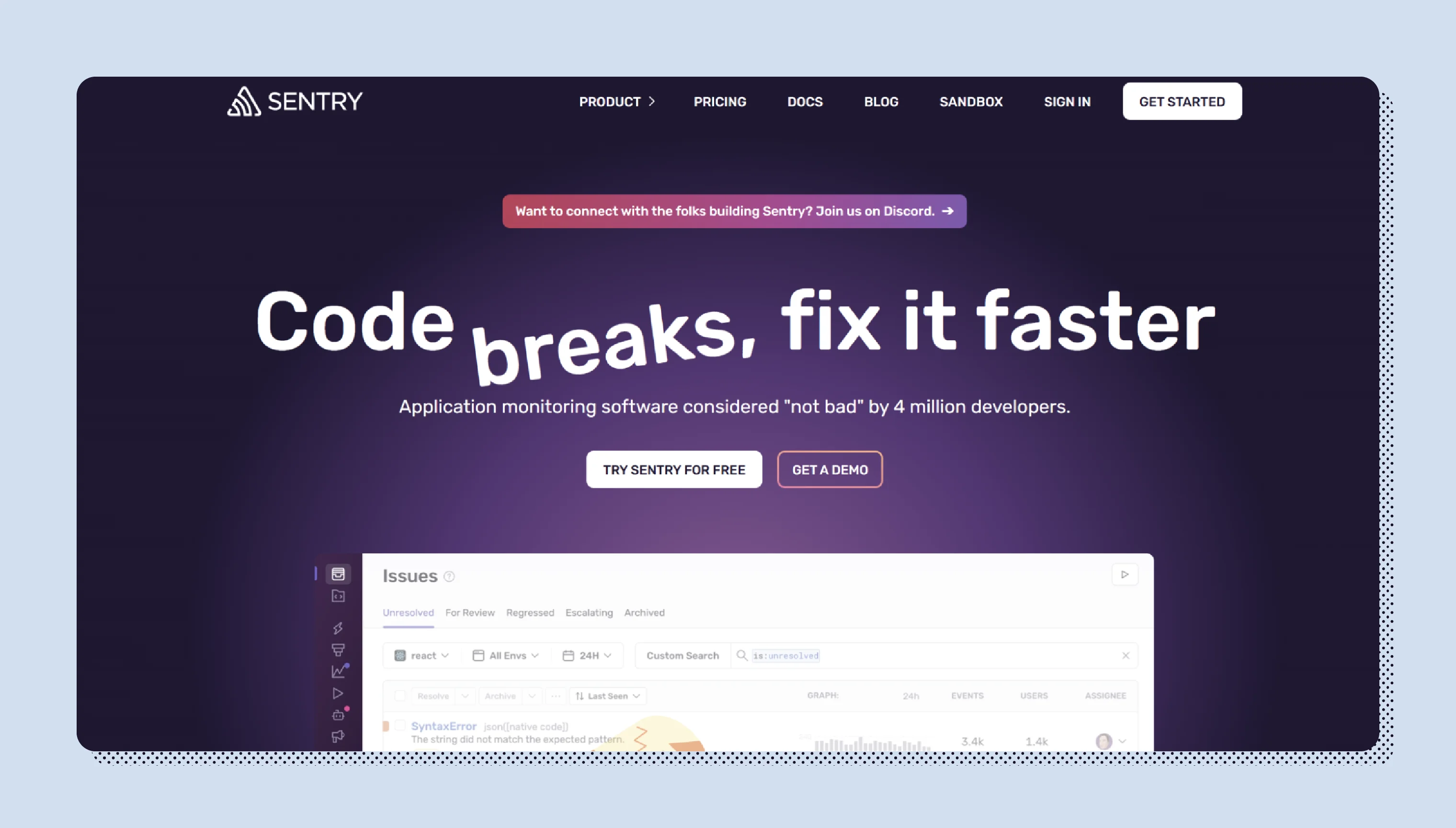Screenshot of Sentry
