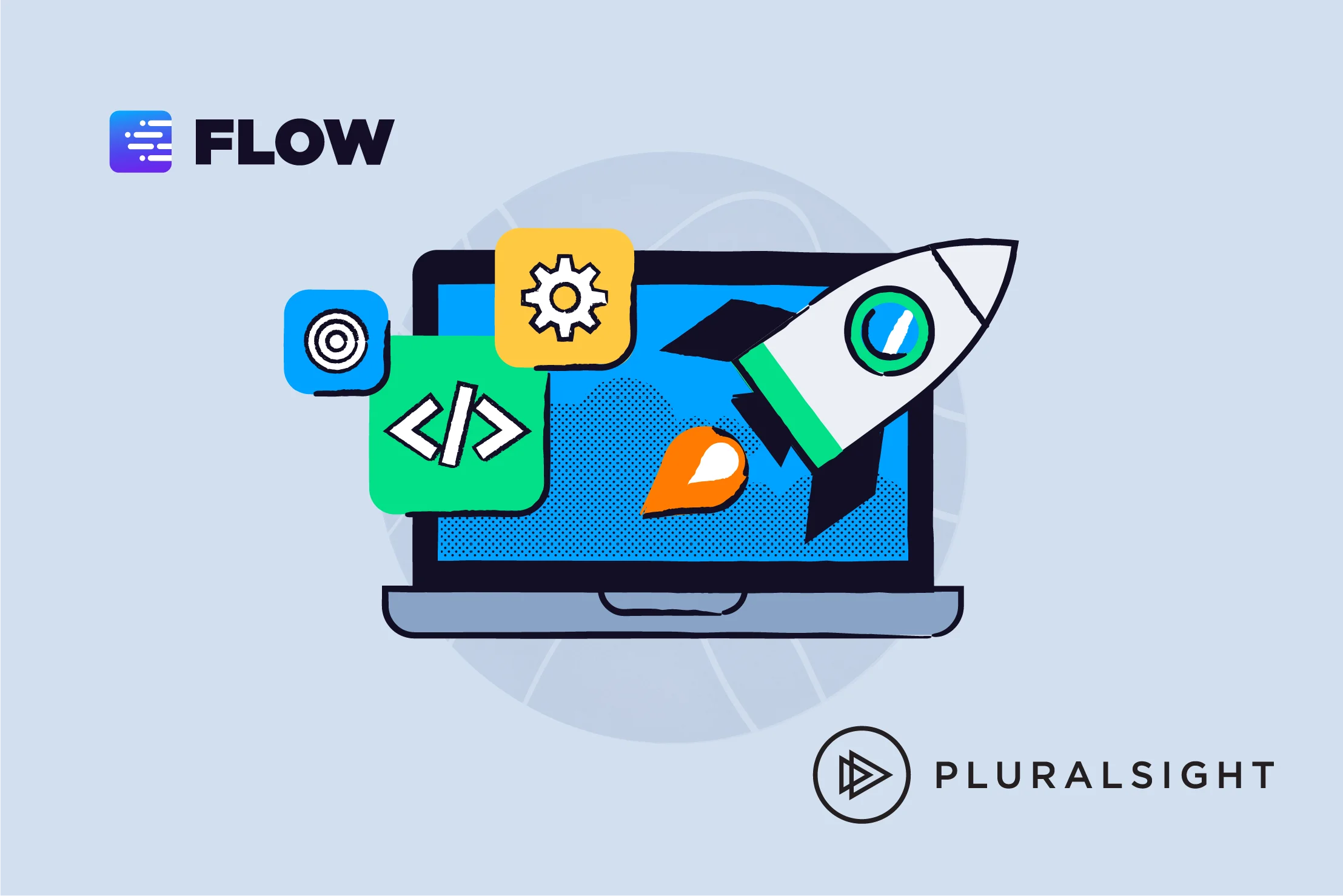 An illustration depicting a laptop with a rocket launching in front of it, surrounded by software deployment icons.