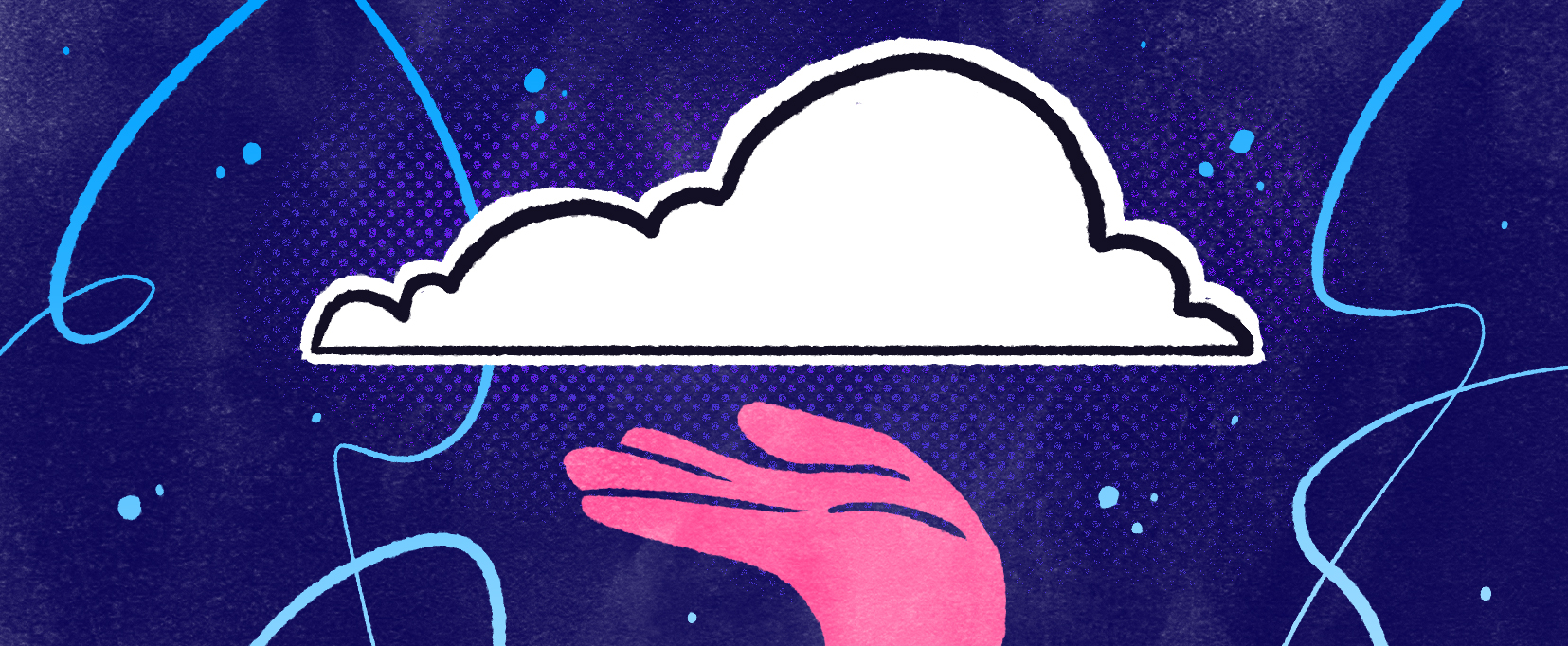 A pink hand holds up a white cloud.